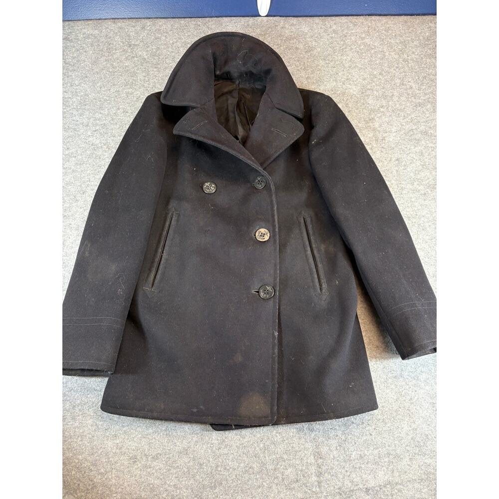 Vintage Naval Wool Pea Coat Mens 33 Black Double Breasted Military Outerwear